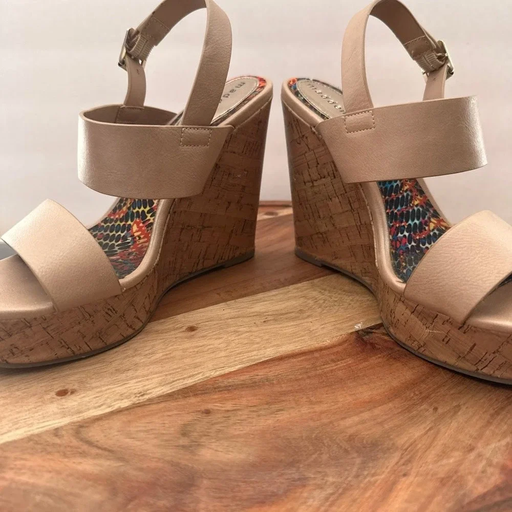Madden Girl Elementt Tan Cork Platform Wedge Sandals Womens 7M Nude Boho Summer